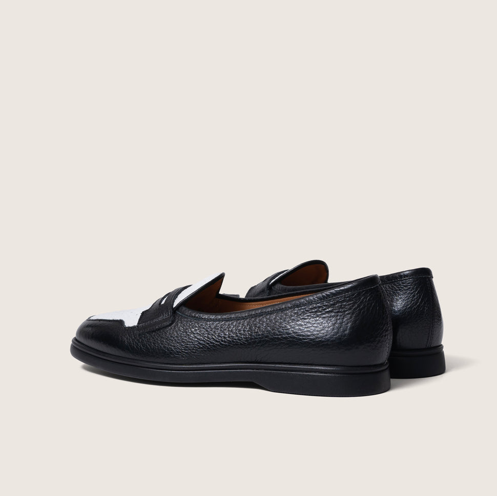 Hand crafted loafer by French Brand Timothee Paris black and white pebbled leather with black rubber sole Back photo