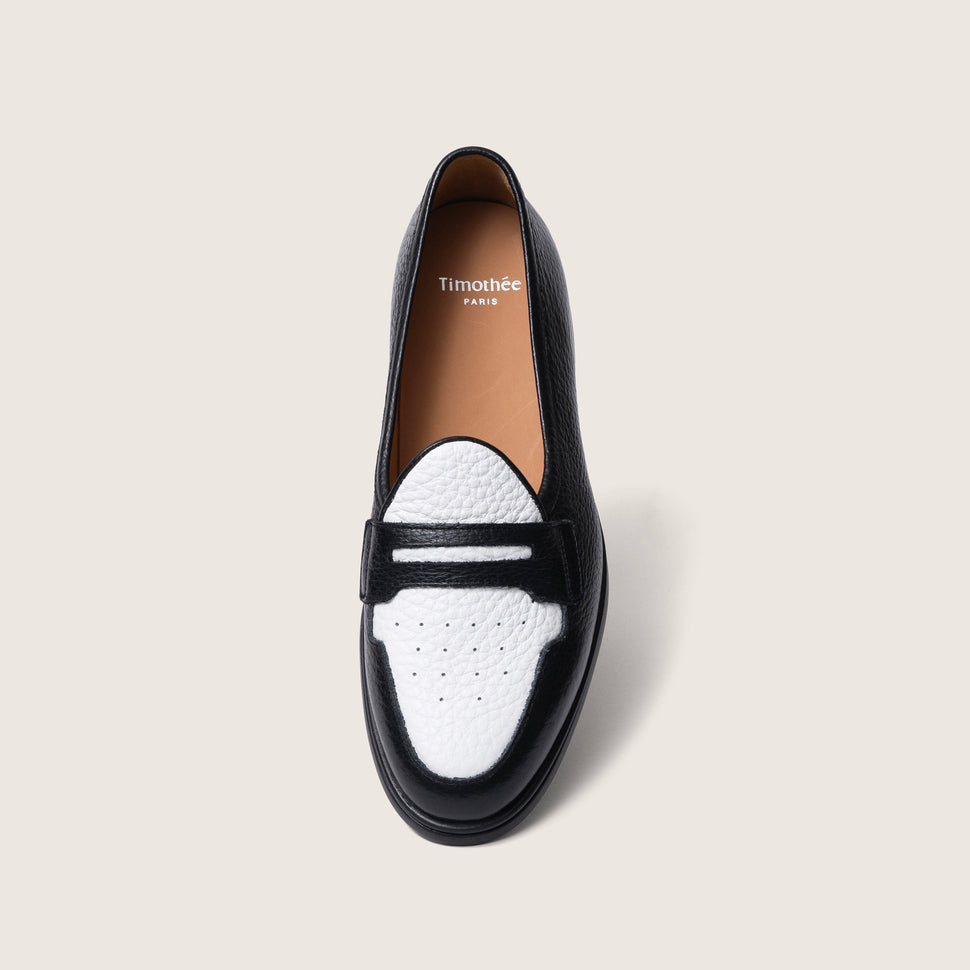 Hand crafted loafer by French Brand Timothee Paris black and white pebbled leather with black rubber sole top photo