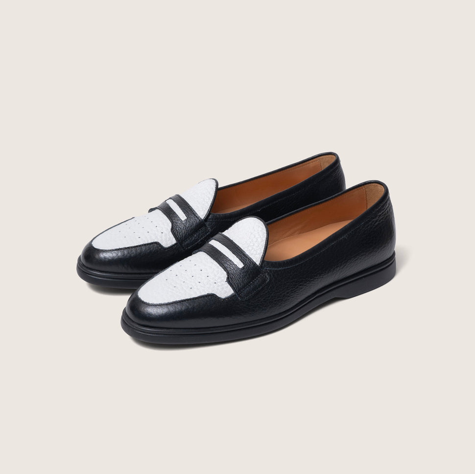 Hand crafted loafer by French Brand Timothee Paris black and white pebbled leather with black rubber sole Quarter photo
