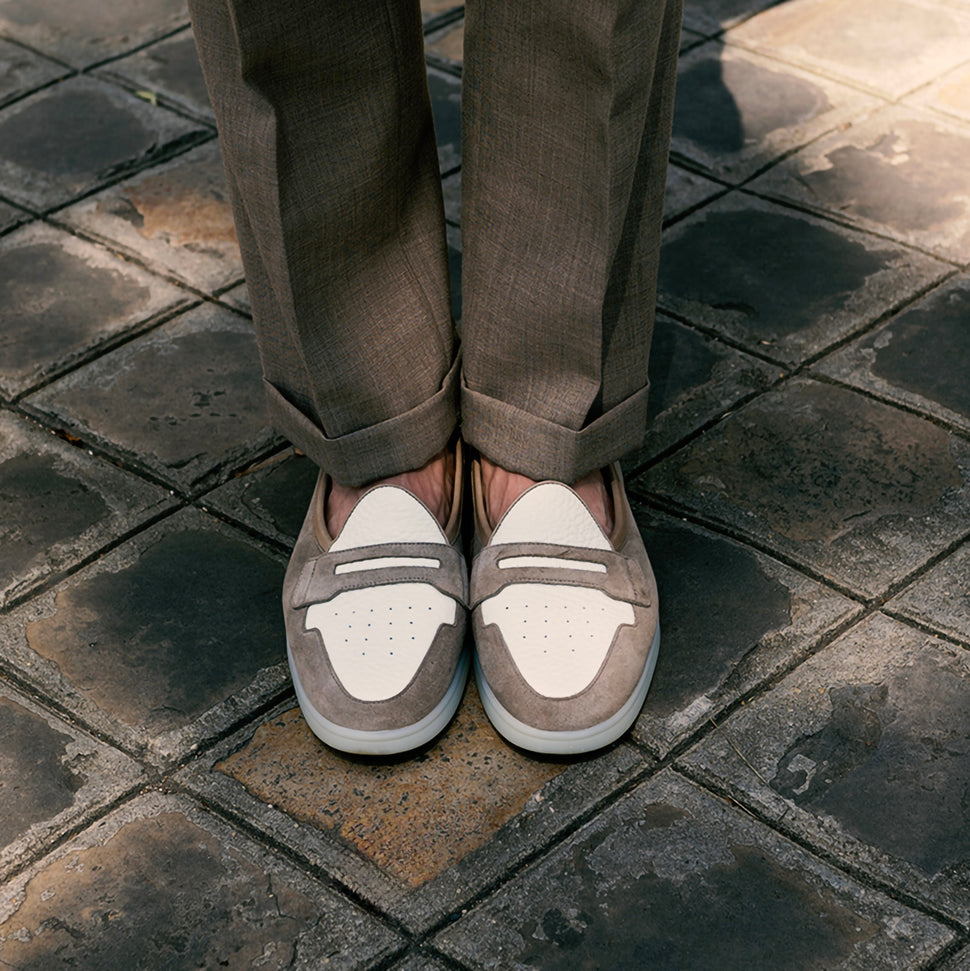 Handcrafted Touquet loafer by French brand Timothée Paris in taupe suede and white leather