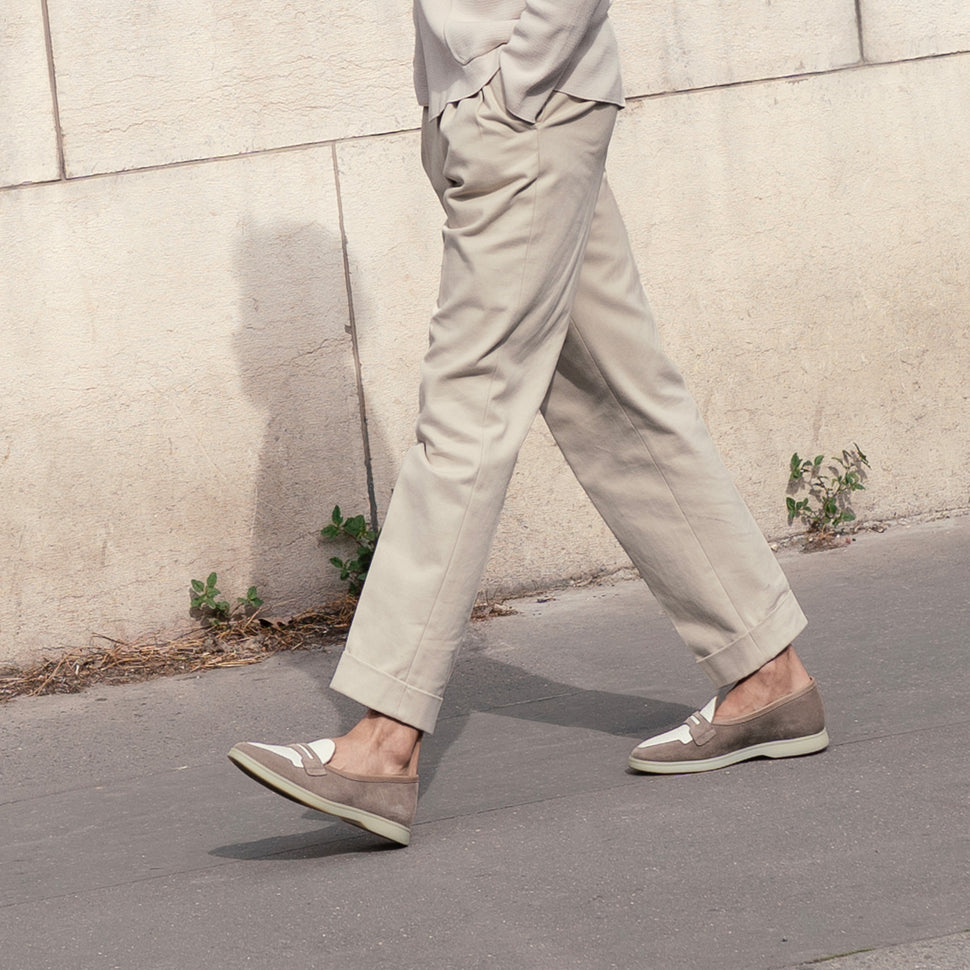 Handcrafted Touquet mocassin by French brand Timothée Paris in taupe suede and white leather