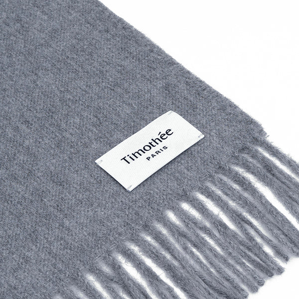 French brand Timothee Paris light grey clean baby alpaca scarf flat with logo tag