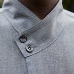 Japanese brand IKIJI Iconic wool drizzler jacket Grey colour Kimono style close up buttons