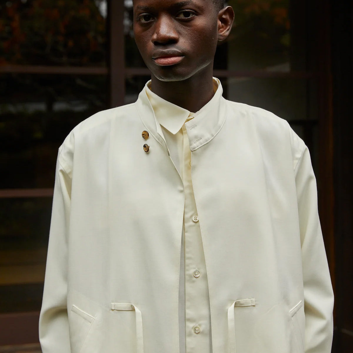 Japanese brand IKIJI Iconic wool drizzler jacket off white colour Kimono style