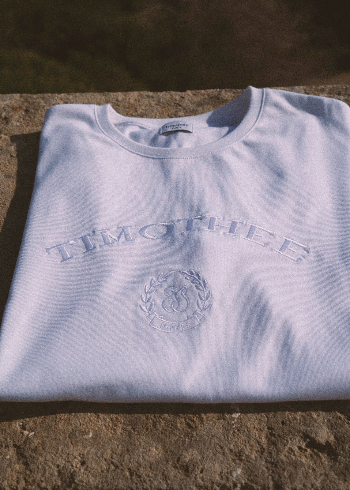 Beach T-shirt by Timohtee Paris featuring heavy cotton fabric with monogram embroidery 