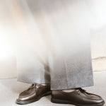 Timothee Paris Beaune dark brown paired with grey flannel trousers