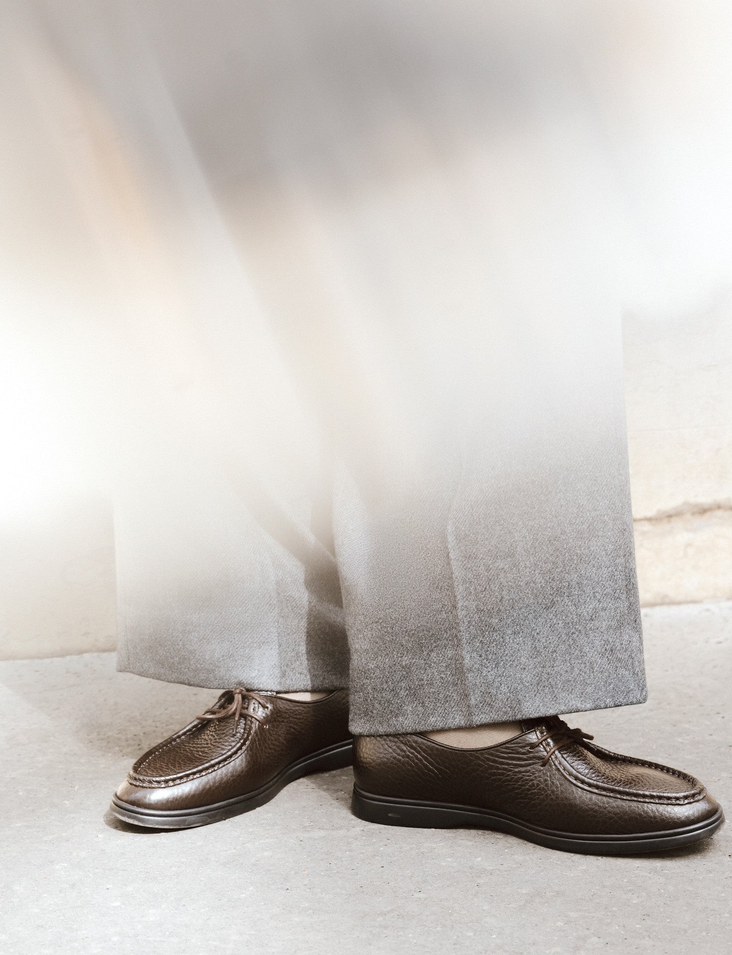Timothee Paris Beaune dark brown paired with grey flannel trousers