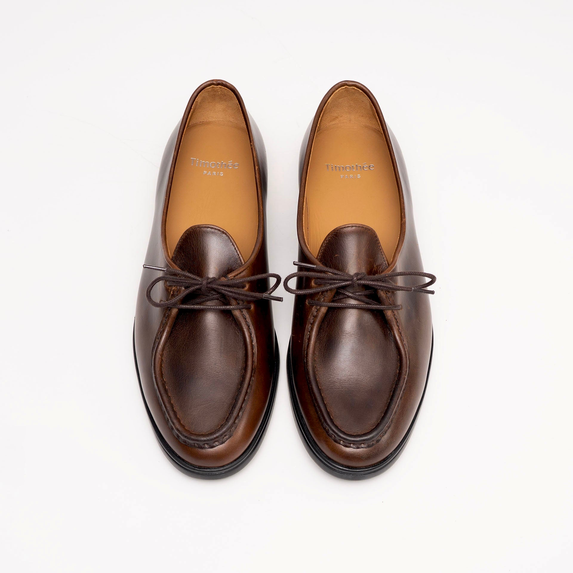 Top view of Beaune loafer by Timothée Paris, featuring supple Cognac pull-up leather and soft interior lining for exceptional comfort.