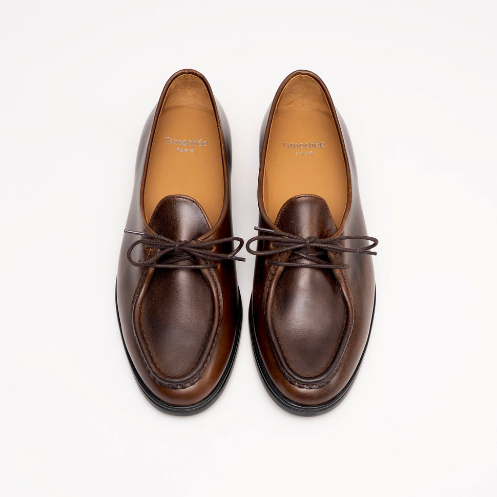 Top view of Beaune loafer by Timothée Paris, featuring supple Cognac pull-up leather and soft interior lining for exceptional comfort.