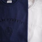 navy-&-white-short-sleeve-embroidered-timothee-paris-monogram-logo-oversized-tshirt-detail-closeup-two-colours