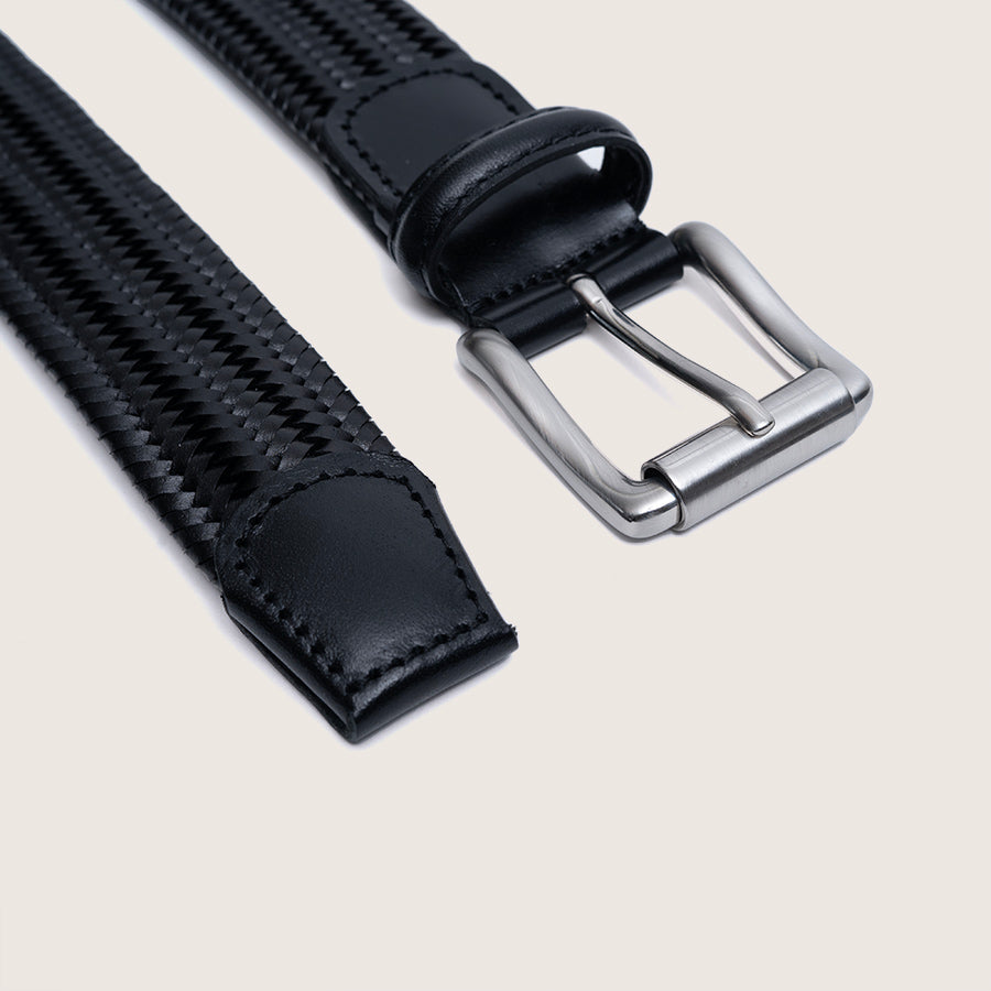 black braided belt elastic and adjustable with silver buckle by french brand timothee paris
