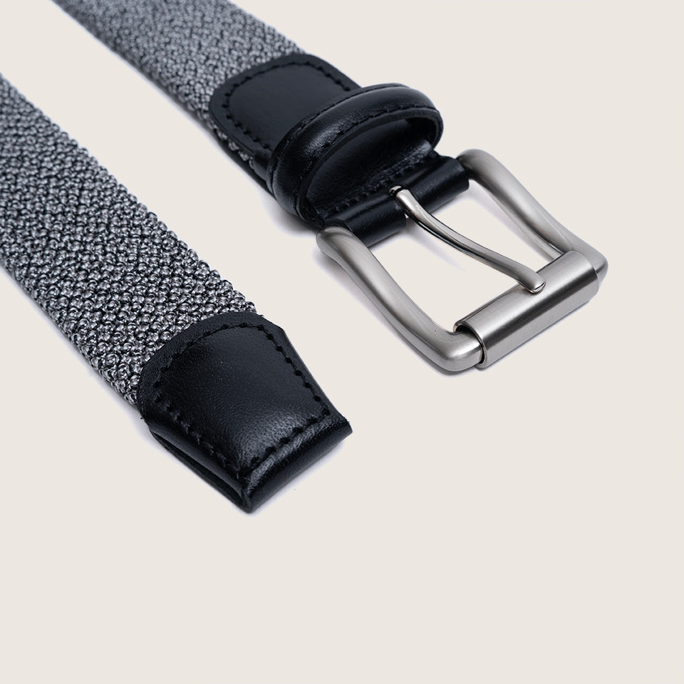elastic light grey belt with black leather by french brand timothee paris 