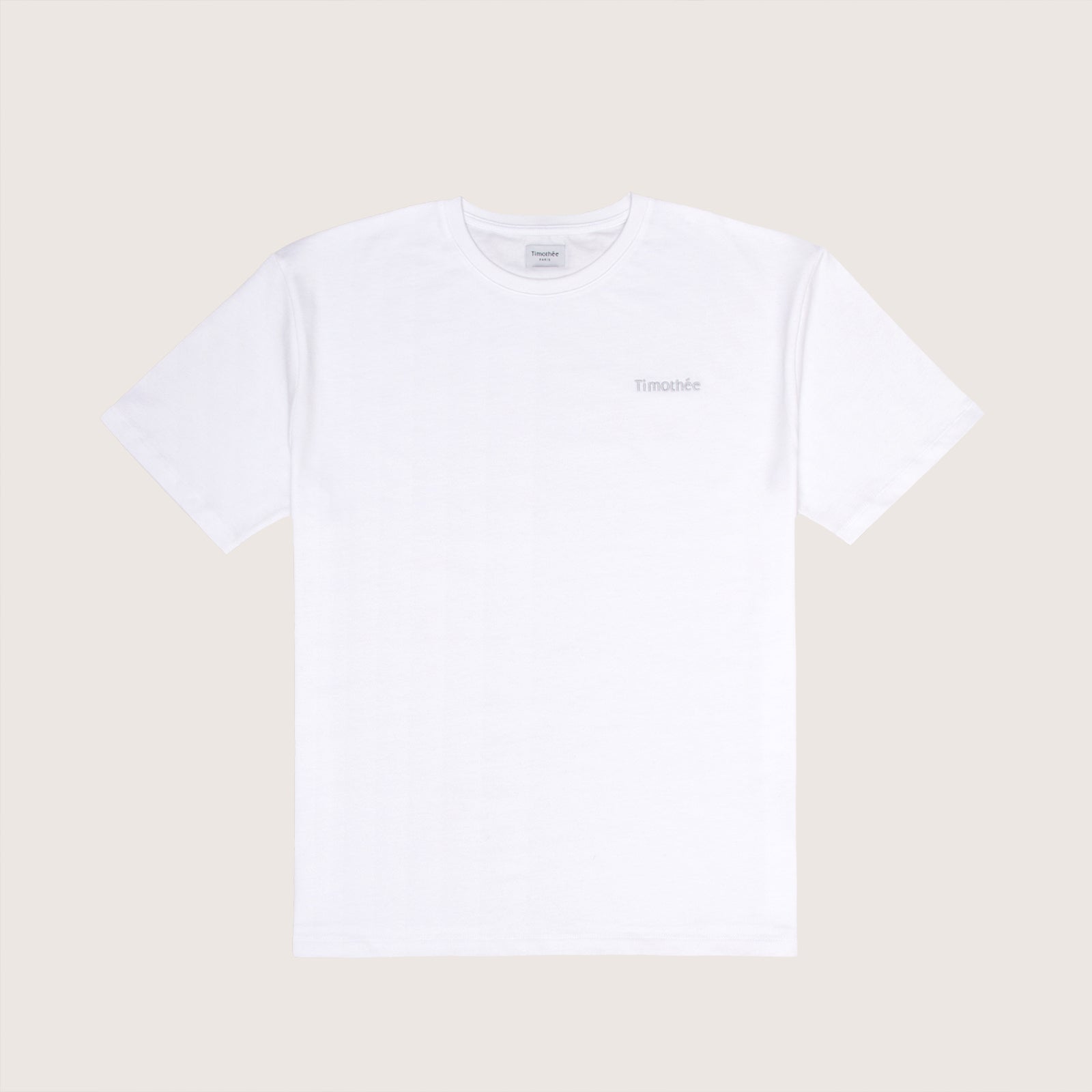 white-short-sleeve-embroidered-timothee-paris-logo-on-chest-oversized-tshirt-front-view-silver-grey