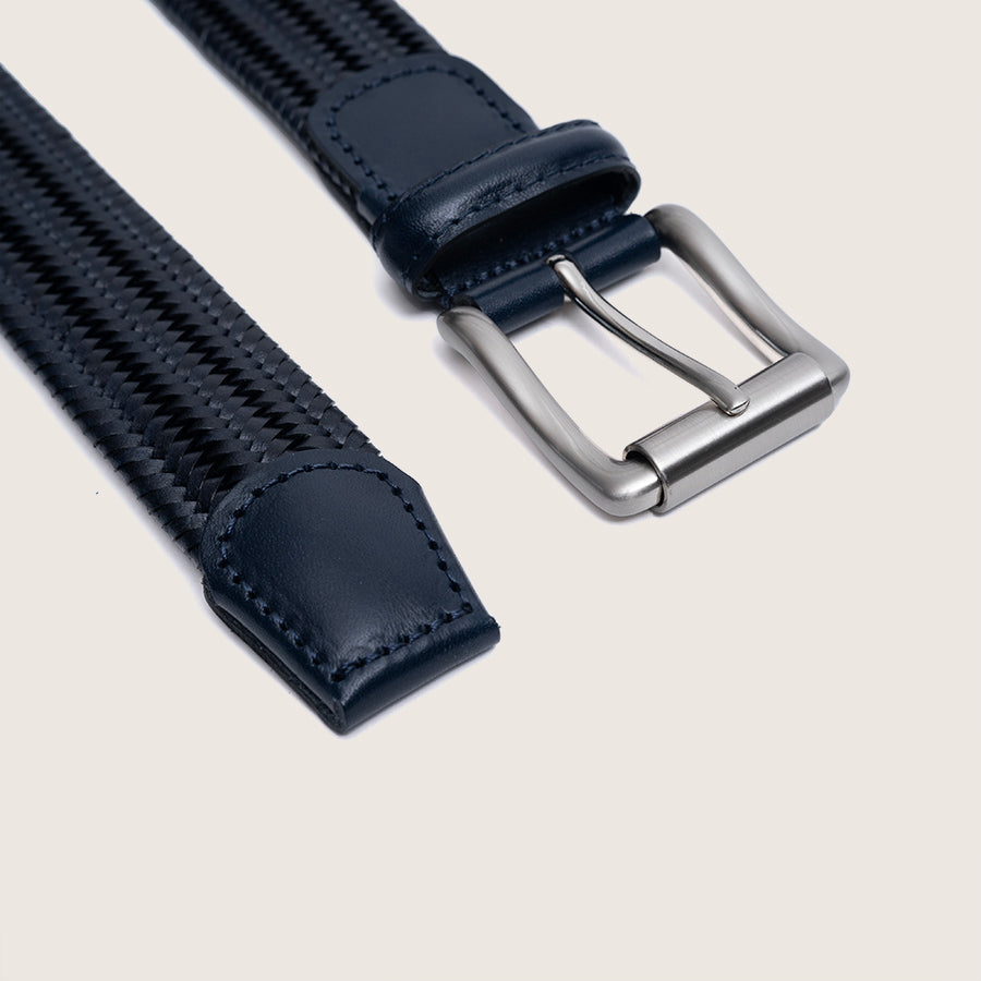 golf style braided belt elastic blue color with silver buckle by french brand timothee paris