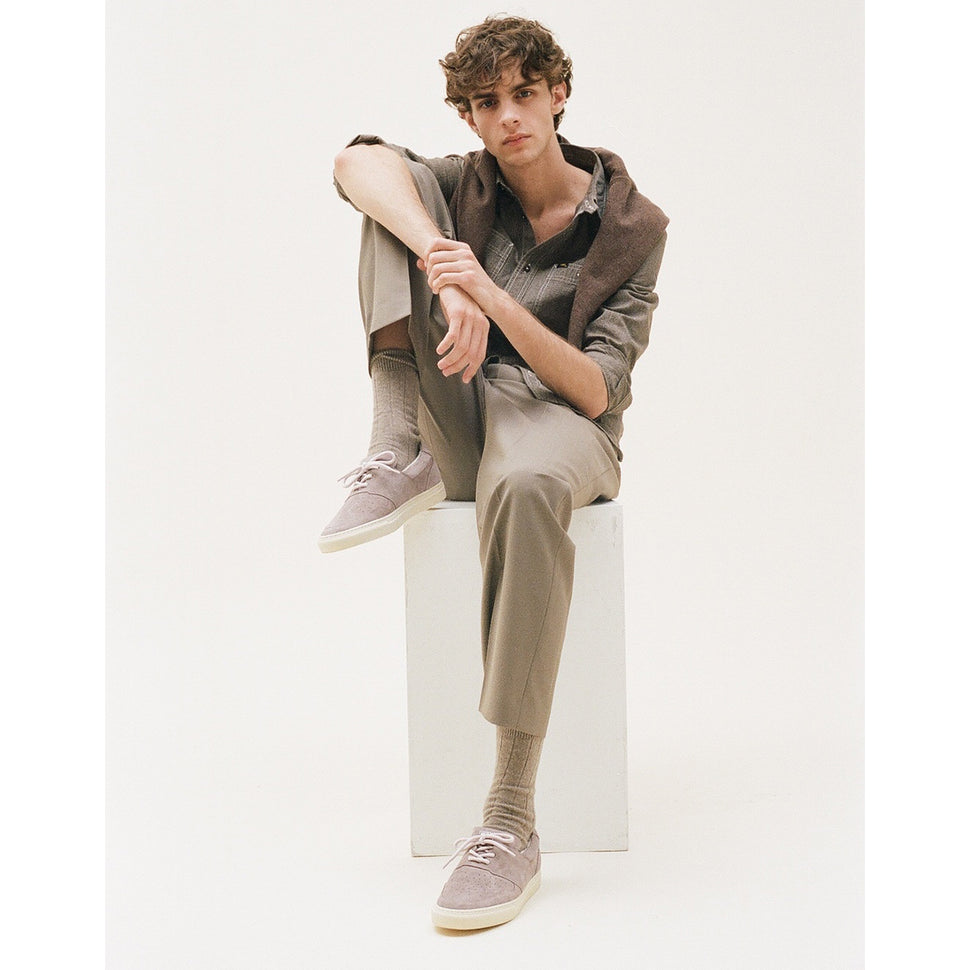 Timothee paris sneaker pyla oyster lilac photo suede leather worn by a french model